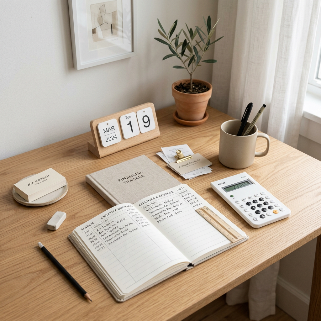 Financial tracker workspace with March 19, 2024 calendar, budget notebook, calculator, and receipts